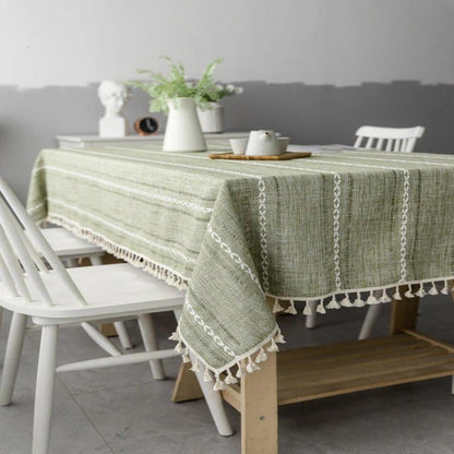 Rustic Cotton-Linen Tablecloth with Durable Striped Embroidery – Elegant Dining Table Cover