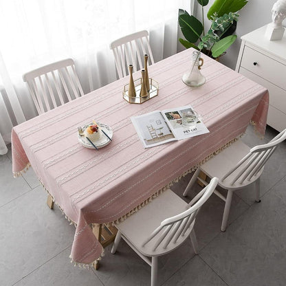 Rustic Cotton-Linen Tablecloth with Durable Striped Embroidery – Elegant Dining Table Cover