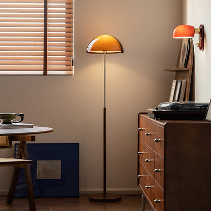 Standing Lamp with Dome Shade 60 in Tall Weighted Wooden Base Pull Switch Walnut Finish Bedroom Living Room Corner Lighting Retro Style