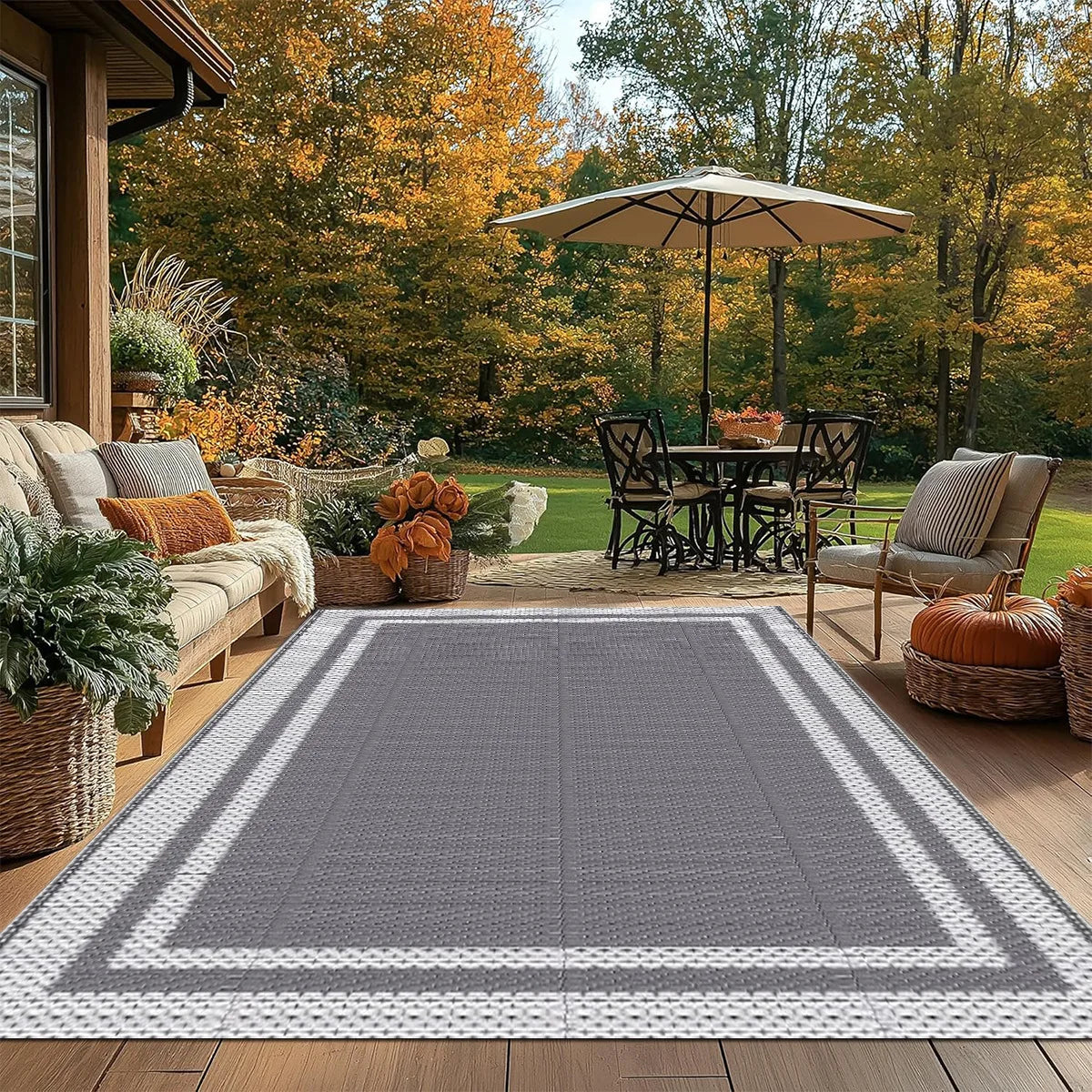 Weather-Resistant Floor Mat for Decks Porches Gardens 59×94 Inch Gray Reversible Woven Patio Covering for Camping RV Balcony