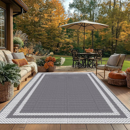 Weather-Resistant Floor Mat for Decks Porches Gardens 59×94 Inch Gray Reversible Woven Patio Covering for Camping RV Balcony