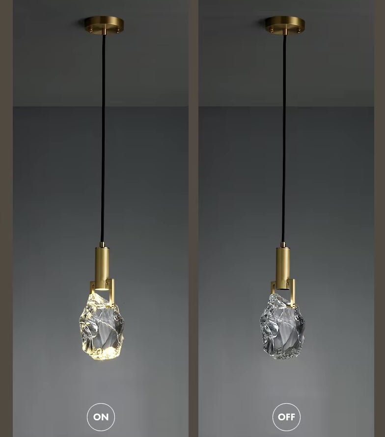 Hanging Fixture with Polished Copper & Faceted Glass Shade for Dining Room, Kitchen Island, Entryway