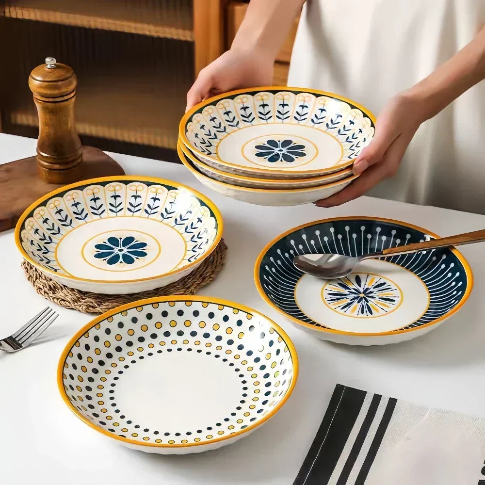 Hand-Painted Floral Porcelain Plates Set of 4 Navy Blue Gold 7.9 Inch Salad Dessert Breakfast Dishes Ceramic Tableware for Kitchen Dining Ro