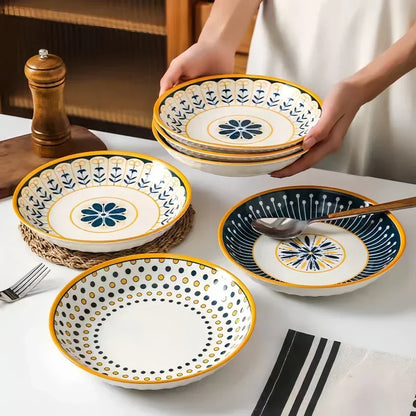 Hand-Painted Floral Porcelain Plates Set of 4 Navy Blue Gold 7.9 Inch Salad Dessert Breakfast Dishes Ceramic Tableware for Kitchen Dining Ro