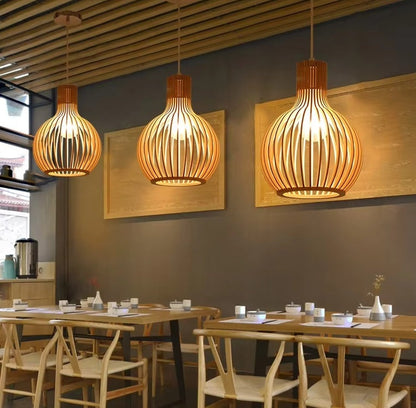 Wooden Sphere Pendant Light – Slat Design Hanging Fixture for Dining Room & Living Room