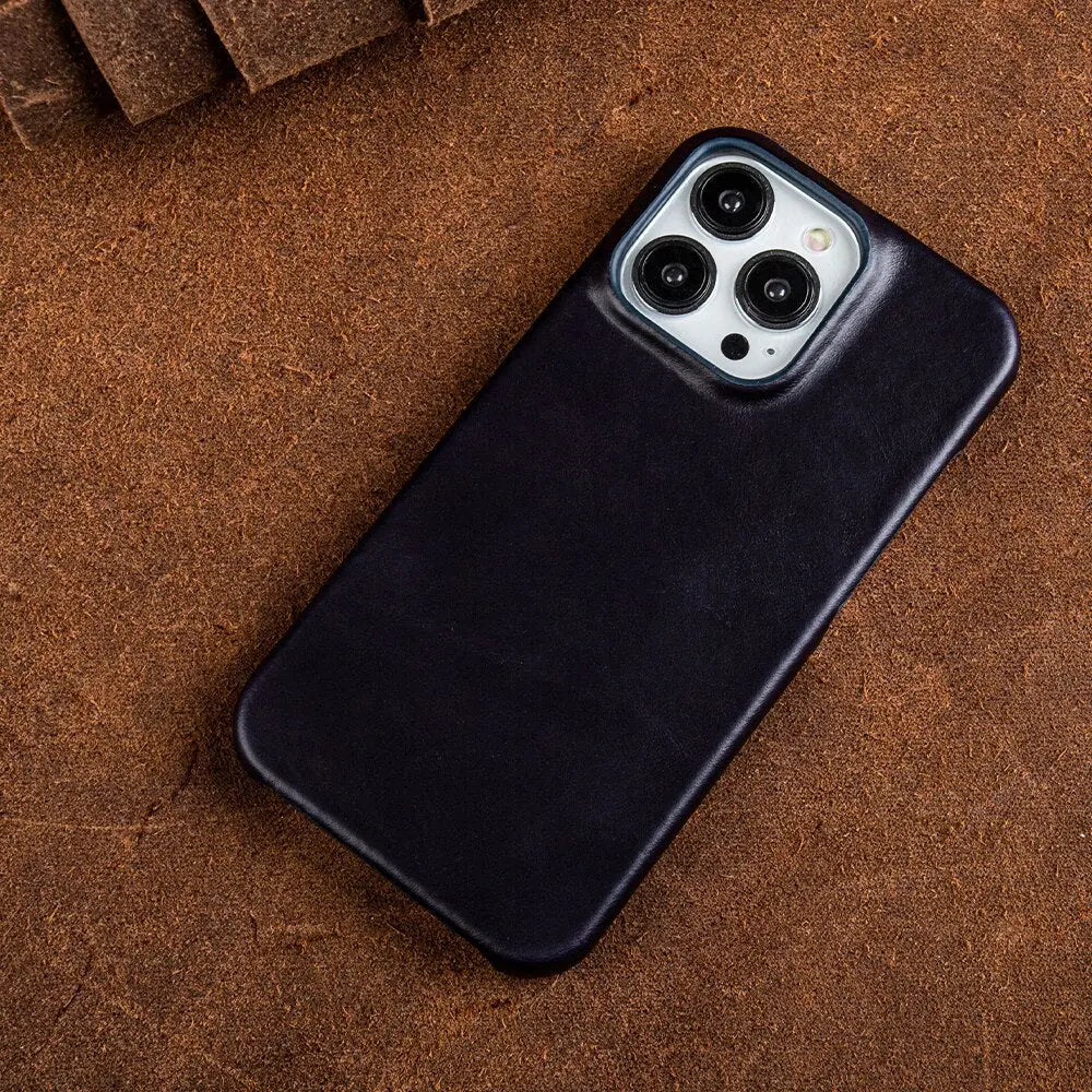 Handcrafted Full-Grain Cowhide iPhone Case – Shock-Absorbing Edge Protection with Raised Camera Lip and Port Precision
