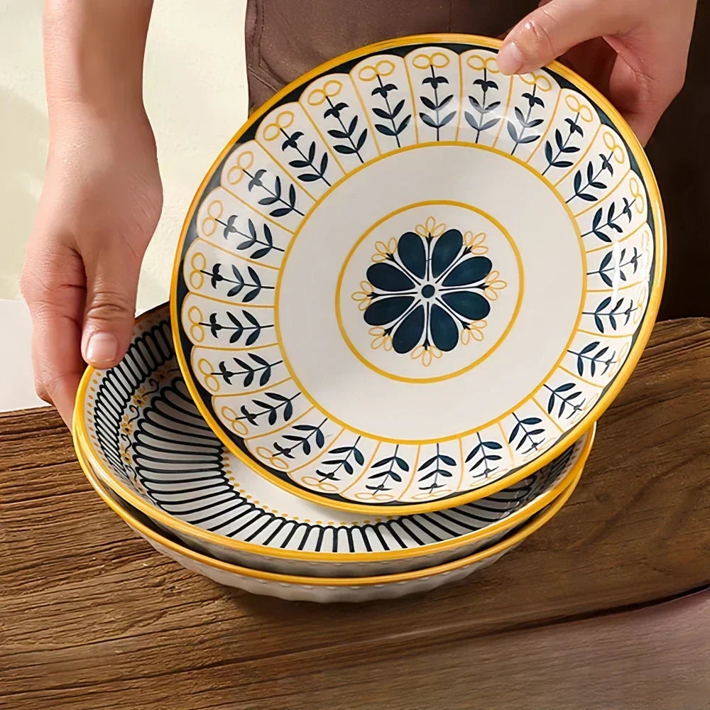Hand-Painted Floral Porcelain Plates Set of 4 Navy Blue Gold 7.9 Inch Salad Dessert Breakfast Dishes Ceramic Tableware for Kitchen Dining Ro