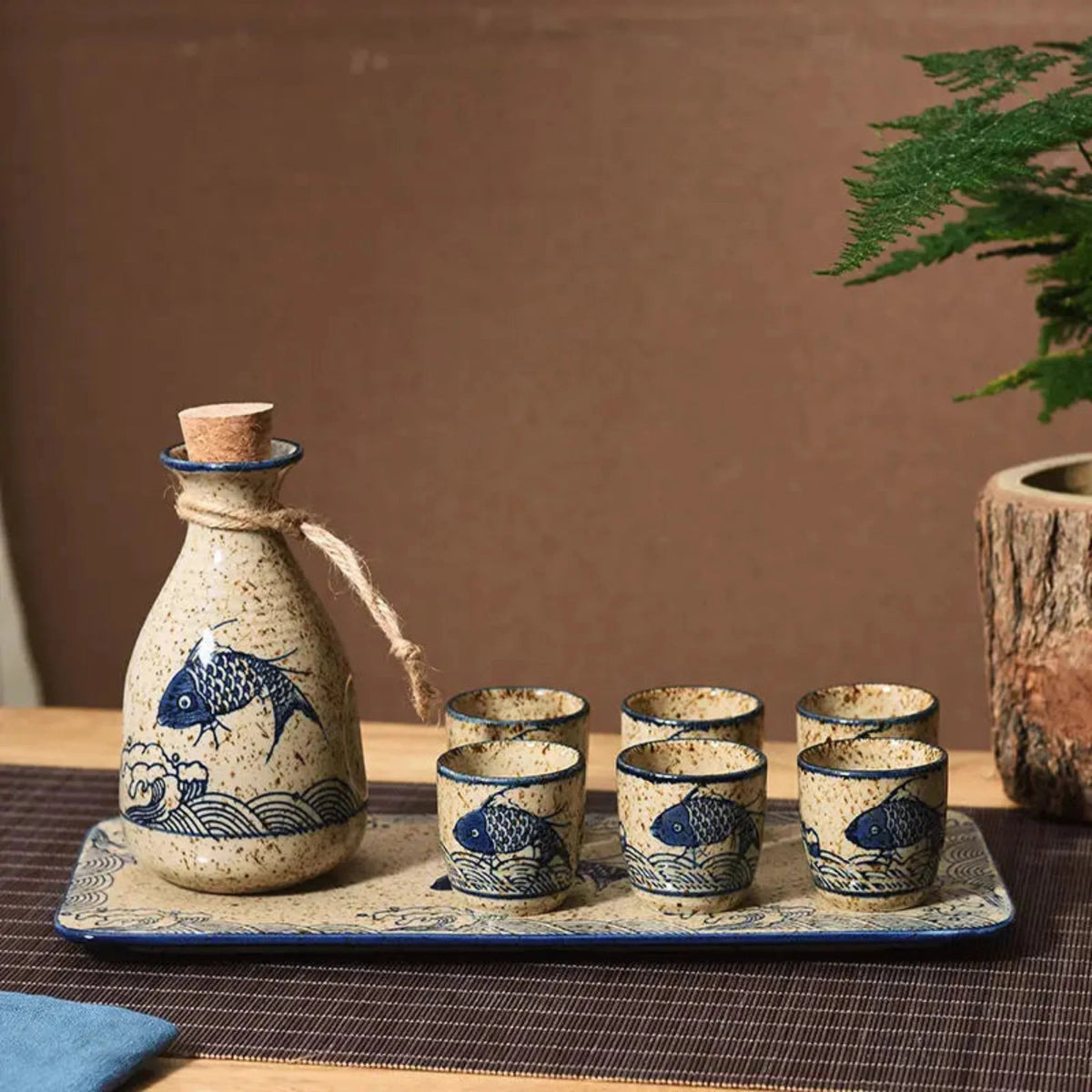 Elegant Ceramic Sake Set | Handcrafted Japanese Design with Koi Motif | Perfect for Hot and Cold Beverages