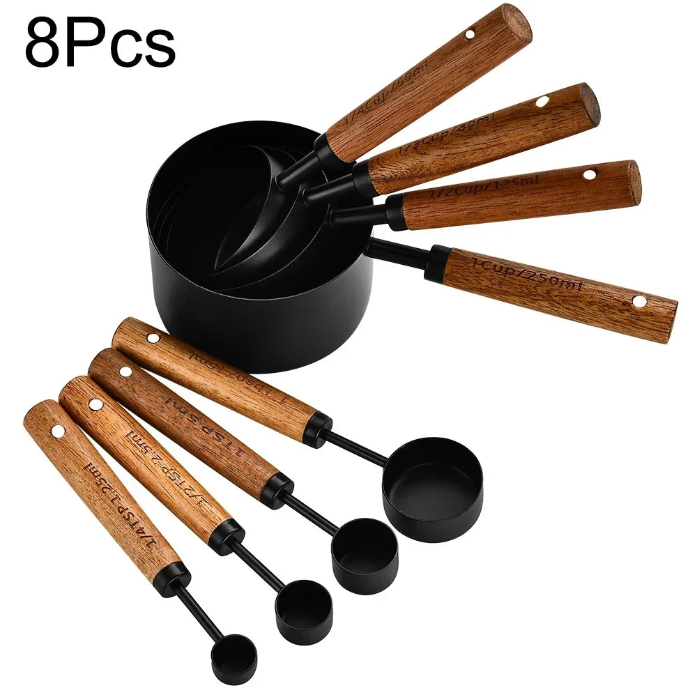Stainless Steel Kitchen Measuring Spoons 8-Piece Set with Wood Handles for Baking Cooking Spice Portioning Recipe Prep Home Chef Tools