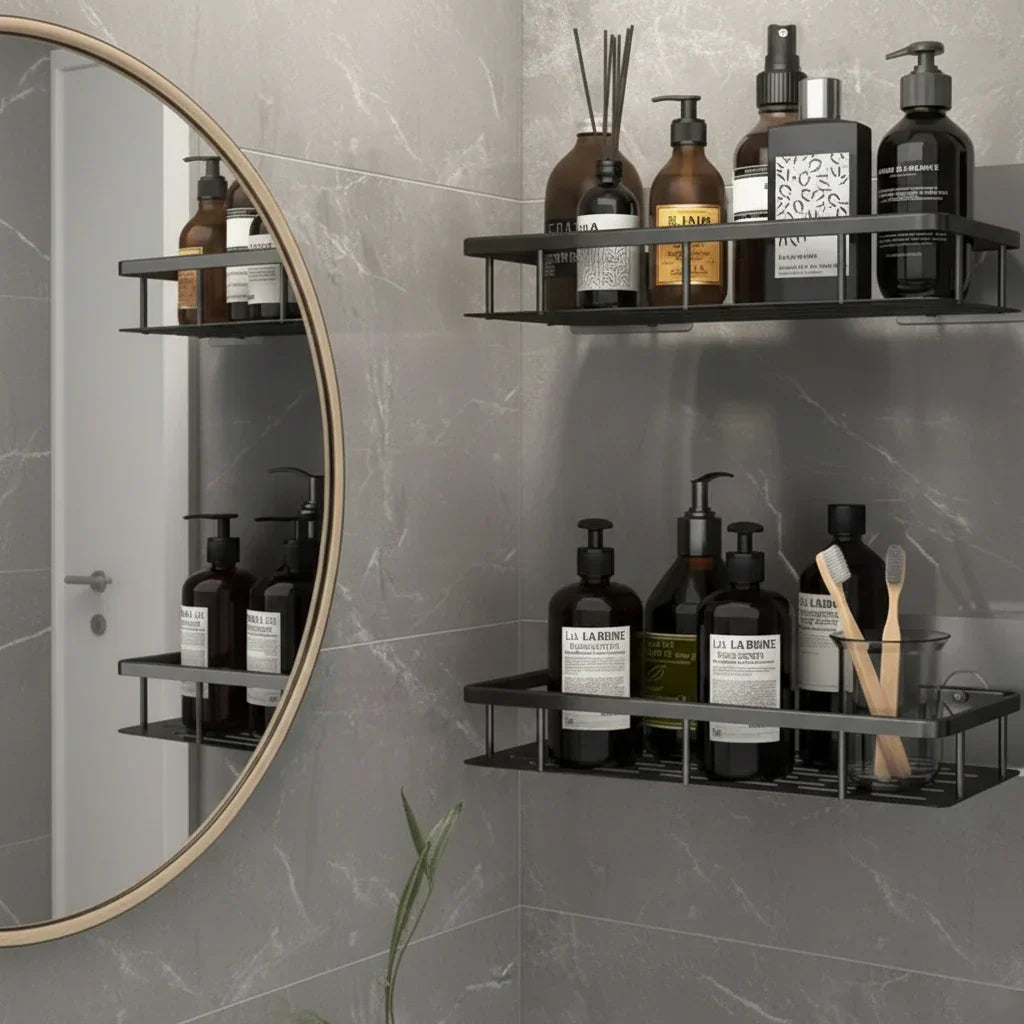 Wall Mount Adhesive Shower Caddy Corner Organizer – No-Drill Waterproof Storage Rack for Bathroom, Toilet & Sink – ABS & Steel in Black or S