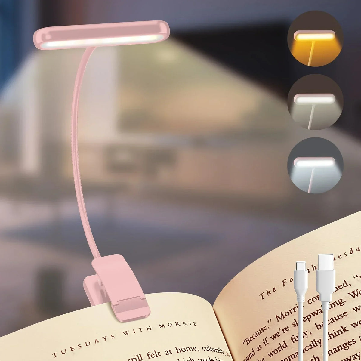 Rechargeable LED Reading Light with Clip and Gooseneck – 3 Color Modes, Dimmable, USB Powered Book Light for Bed, Desk, Travel
