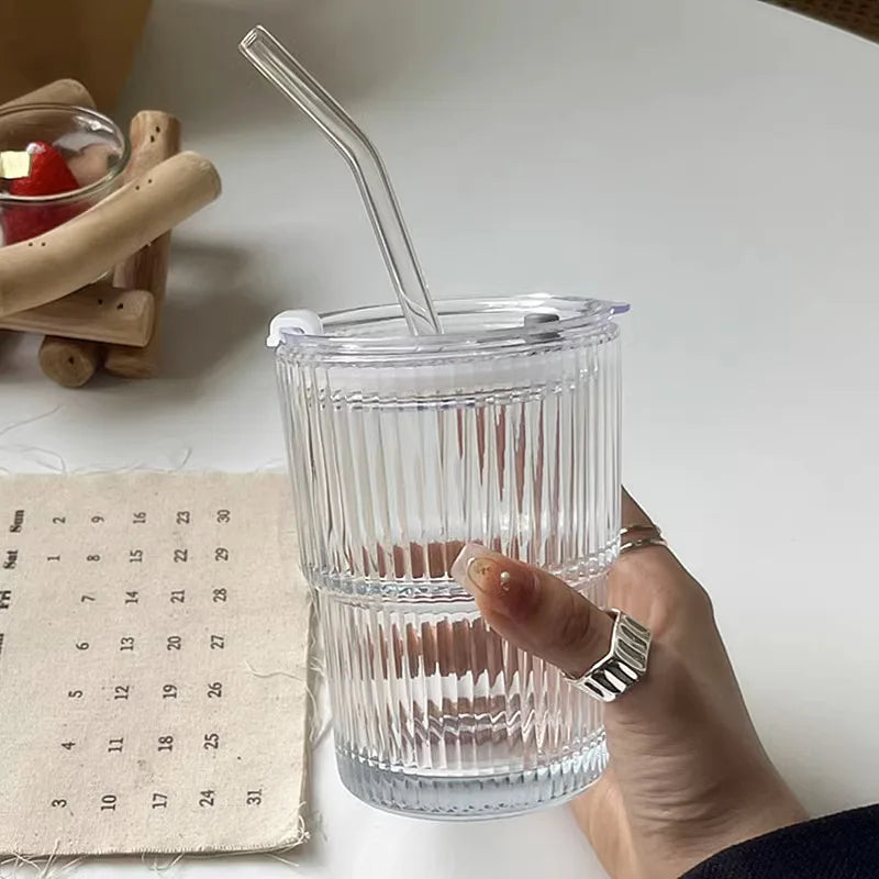 Insulated Glass Tumbler with Straw & Lid - Heat-Resistant Borosilicate Cup for Hot & Cold Drinks - Portable Coffee Mug for Commute, Office,