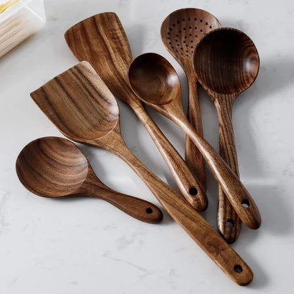 8-Piece Wooden Kitchen Tool Set Natural Wood Spatulas Spoons Ladle with Holder 12 Inch Tools for Home Cooking