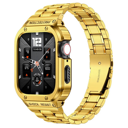 Metal Band and Bumper Case Bundle for Apple Watch 44mm 45mm Series – Shock-Absorbing Frame with Coordinated Strap in Black Silver Gold