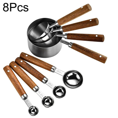 8-Piece Nesting Kitchen Measuring Spoons with Wood Handles Stainless Steel Cooking Baking Tools Set
