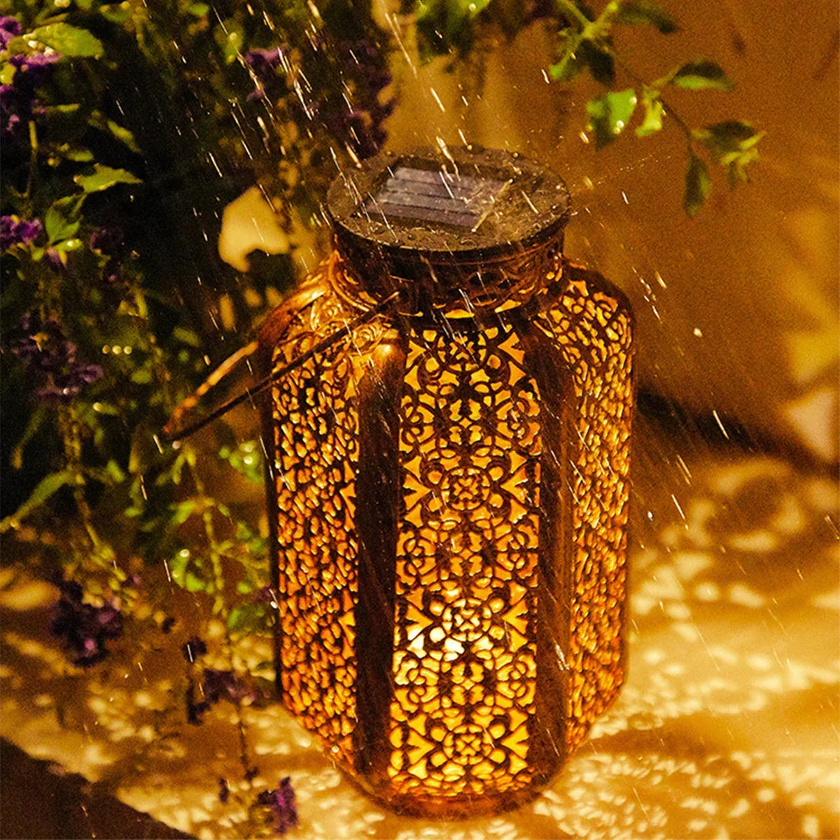 Openwork Metal Solar Lantern 9.3 in Hanging or Tabletop Garden Patio Light Outdoor Decorative Moroccan-Inspired Design for Porch Balcony Pat