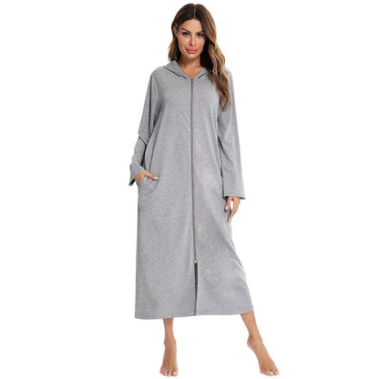 Zip-Front Hooded Bathrobe for Women – Soft Fleece Robe with Pockets & Full Zipper – Cozy Loungewear for Home, After Shower, Maternity