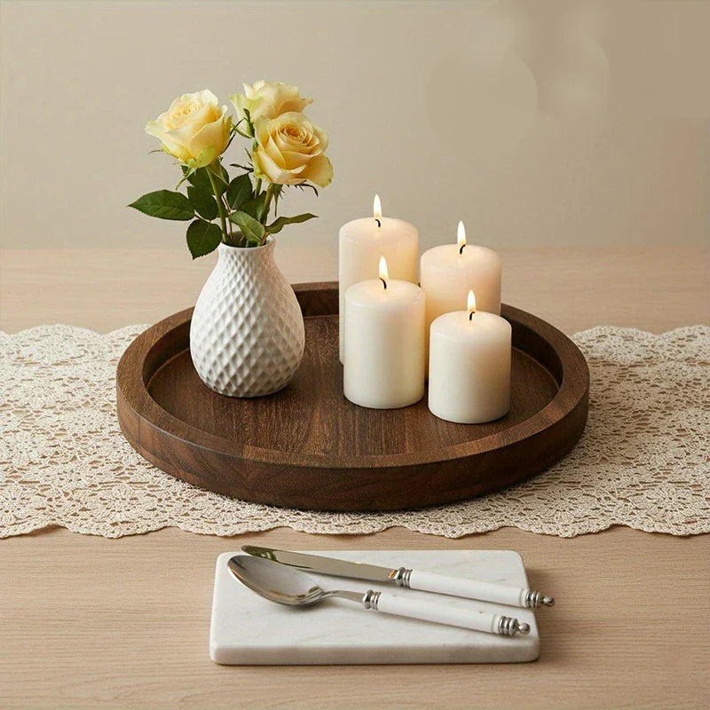 Round Wooden Serving Tray 11 inches Brown Farmhouse Coffee Table Organizer Centerpiece Display for Kitchen Counter Living Room Home Decor