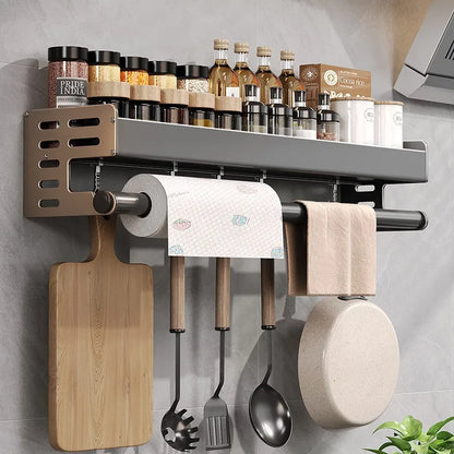 Aluminum Shelf Organizer Gunmetal Gray 20-Inch Wall Mount Spice Rack with Towel Bar Adhesive or Screw Install for Small Kitchen Rental Apart