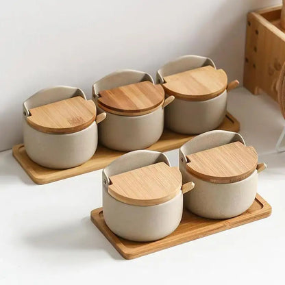 Spice Jars with Bamboo Lid and Spoon, Ceramic Salt Cellar, Japanese Seasoning Jar for Sugar and Spices, Kitchen Canister