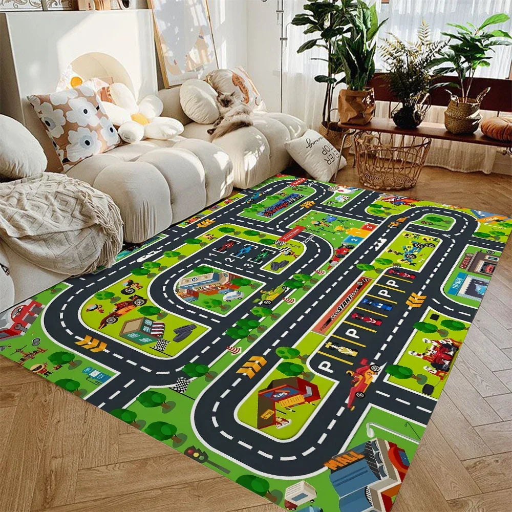 Kids Road Map Area Rug Soft Flannel Non-Slip City Streets for Toy Cars Playroom Bedroom Nursery 4 ft × 5 ft Washable Floor Mat for Toddlers