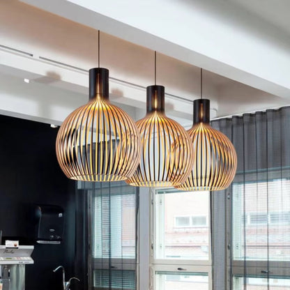 Wooden Sphere Pendant Light – Slat Design Hanging Fixture for Dining Room & Living Room