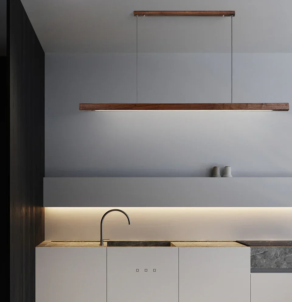 Linear Wood Hanging Light for Kitchen Island & Dining Table – Adjustable LED Ceiling Fixture in Pine or Walnut, 31-71 in Wide, Dimmable Opti
