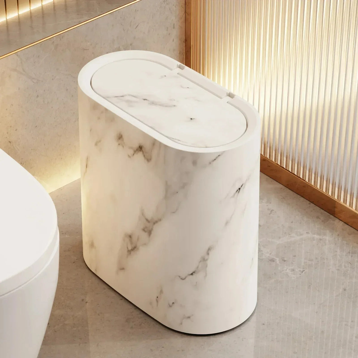 Push-Top Waste Basket with Marble-Look Finish – Slim Oval Design for Small Bathrooms, Bedrooms & Home Offices
