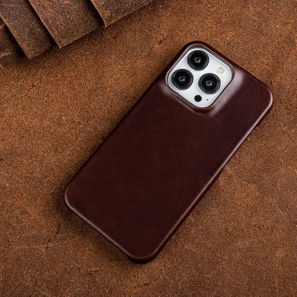 Handcrafted Full-Grain Cowhide iPhone Case – Shock-Absorbing Edge Protection with Raised Camera Lip and Port Precision