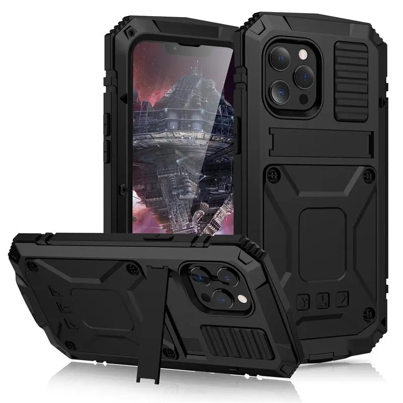Heavy-Duty Metal Phone Case for iPhone 14, 13, 12, 11 – Full-Edge Protection with Raised Camera Guard & Tactile Grip
