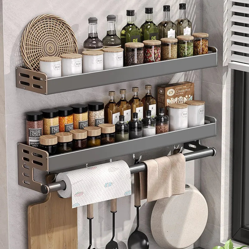 Aluminum Shelf Organizer Gunmetal Gray 20-Inch Wall Mount Spice Rack with Towel Bar Adhesive or Screw Install for Small Kitchen Rental Apart