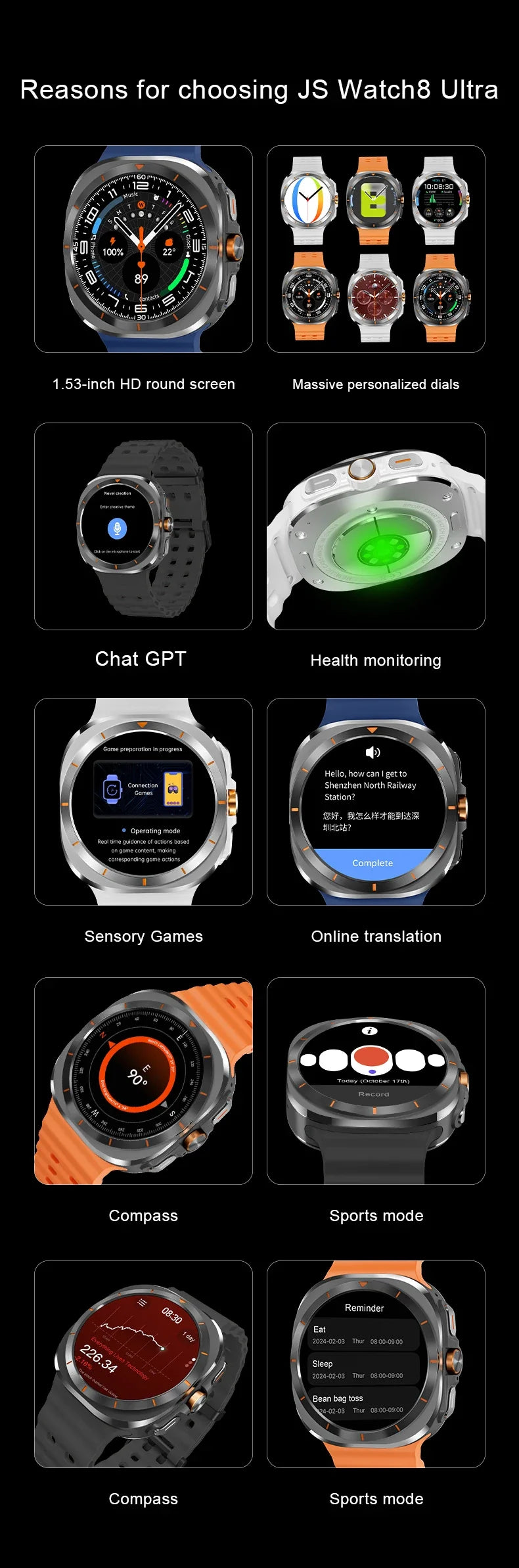 Ultra 8 | Bluetooth Smartwatch with Compass & ChatGPT Integration | Fitness Tracker for Daily Health Monitoring