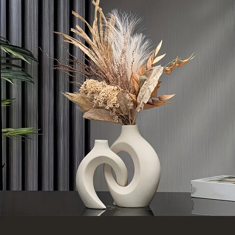Porcelain Vase Duo White Organic Shape Entryway Mantel Shelf Accent Dried Flower Display Modern Apartment Bedroom Styling