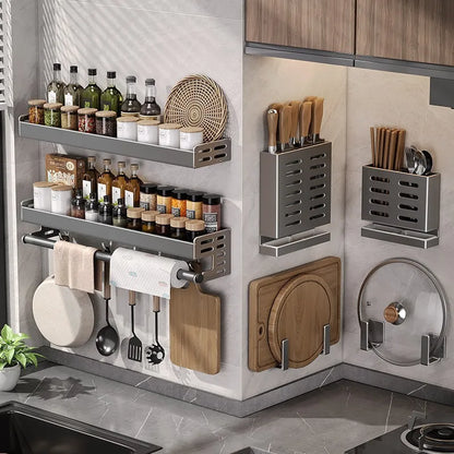 Aluminum Shelf Organizer Gunmetal Gray 20-Inch Wall Mount Spice Rack with Towel Bar Adhesive or Screw Install for Small Kitchen Rental Apart