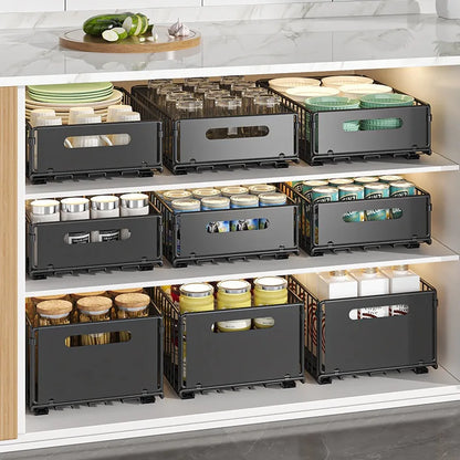 Pull-Out Cabinet Organizer Steel Glide Rack 15 in Deep Spice Jar Pantry Tray for Kitchen Storage Black