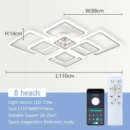 Square Flush Mount LED Fixture 50 in Dimmable Remote Control White Aluminum Geometric Rings for Bedroom Living Room Dining Room Open Plan