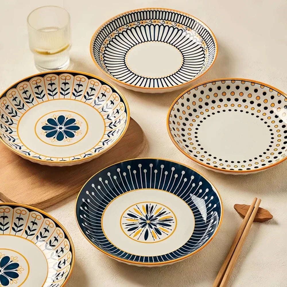 Hand-Painted Floral Porcelain Plates Set of 4 Navy Blue Gold 7.9 Inch Salad Dessert Breakfast Dishes Ceramic Tableware for Kitchen Dining Ro