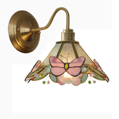 Tiffany-Style Glass Sconce with Curved Copper Arm E27 Socket 11 in x 8 in Bedroom Hallway Accent Light for Living Room Study Bathroom