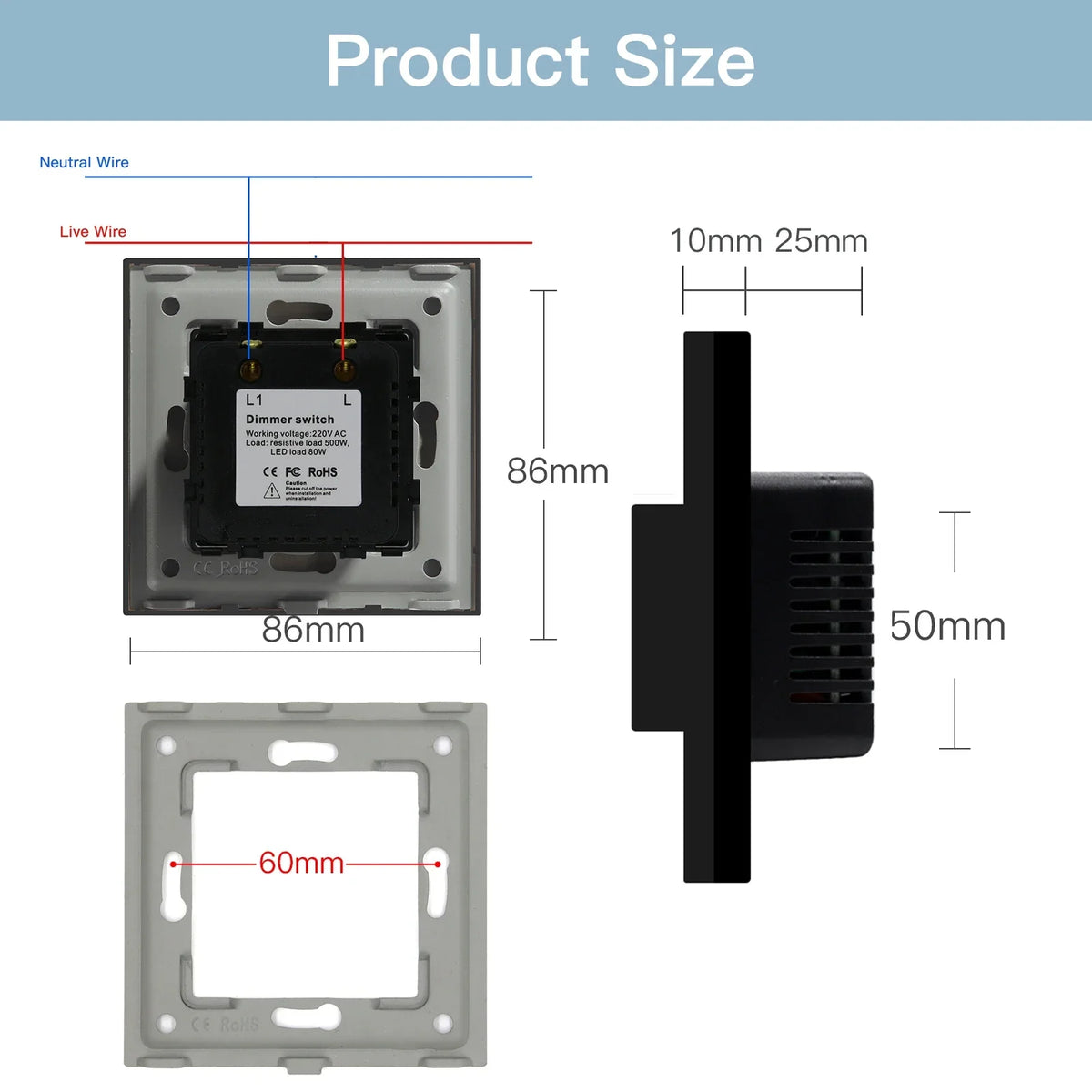 Rotary Light Dimmer Switch 3.4 in Glass Panel Touch Control LED Compatible for Bedroom Living Room Dining Room Home Wall Mount