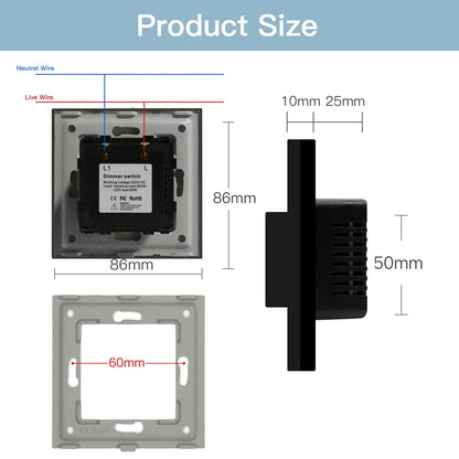 Rotary Light Dimmer Switch 3.4 in Glass Panel Touch Control LED Compatible for Bedroom Living Room Dining Room Home Wall Mount