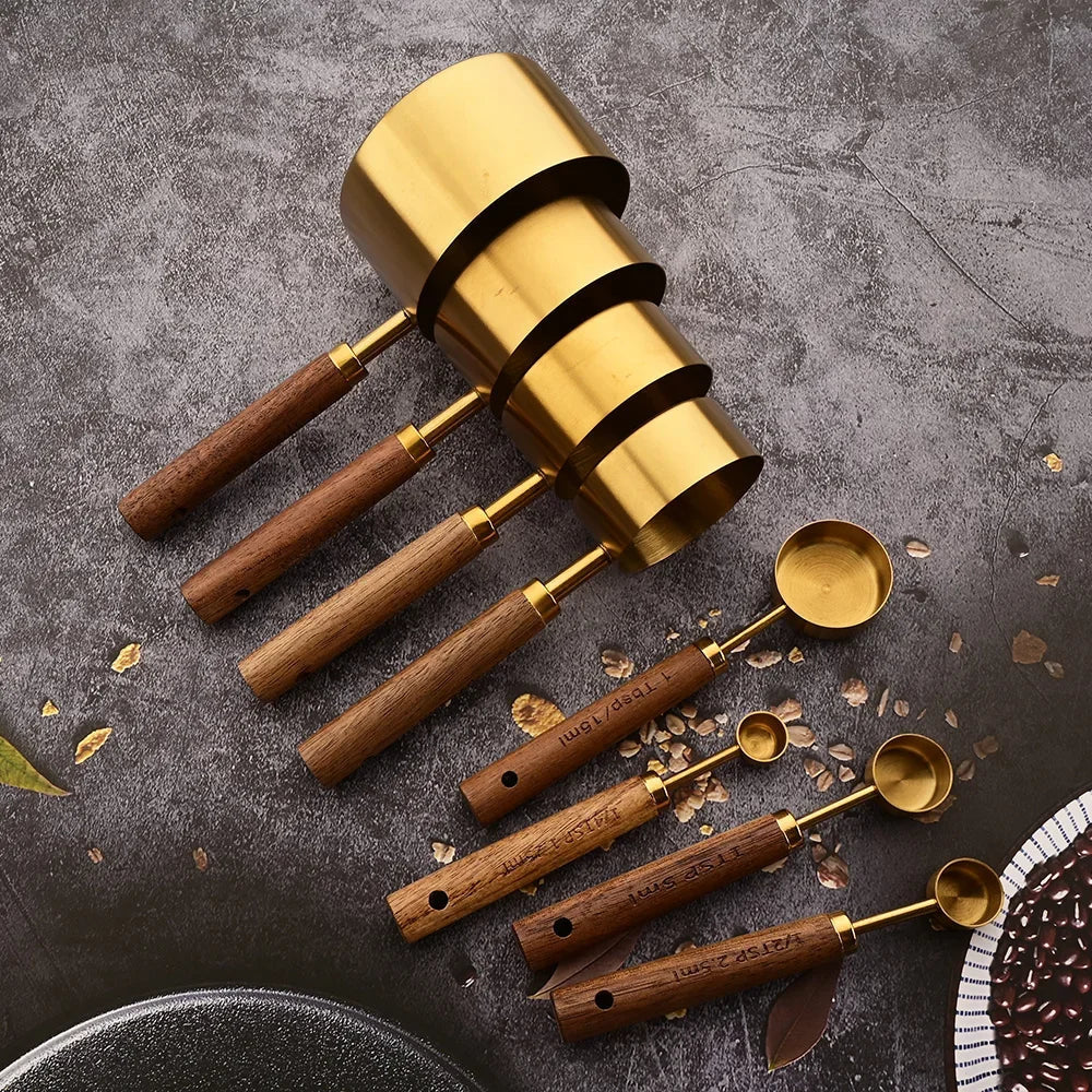 Stainless Steel Kitchen Measuring Spoons 8-Piece Set with Wood Handles for Baking Cooking Spice Portioning Recipe Prep Home Chef Tools