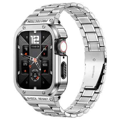 Metal Band and Bumper Case Bundle for Apple Watch 44mm 45mm Series – Shock-Absorbing Frame with Coordinated Strap in Black Silver Gold