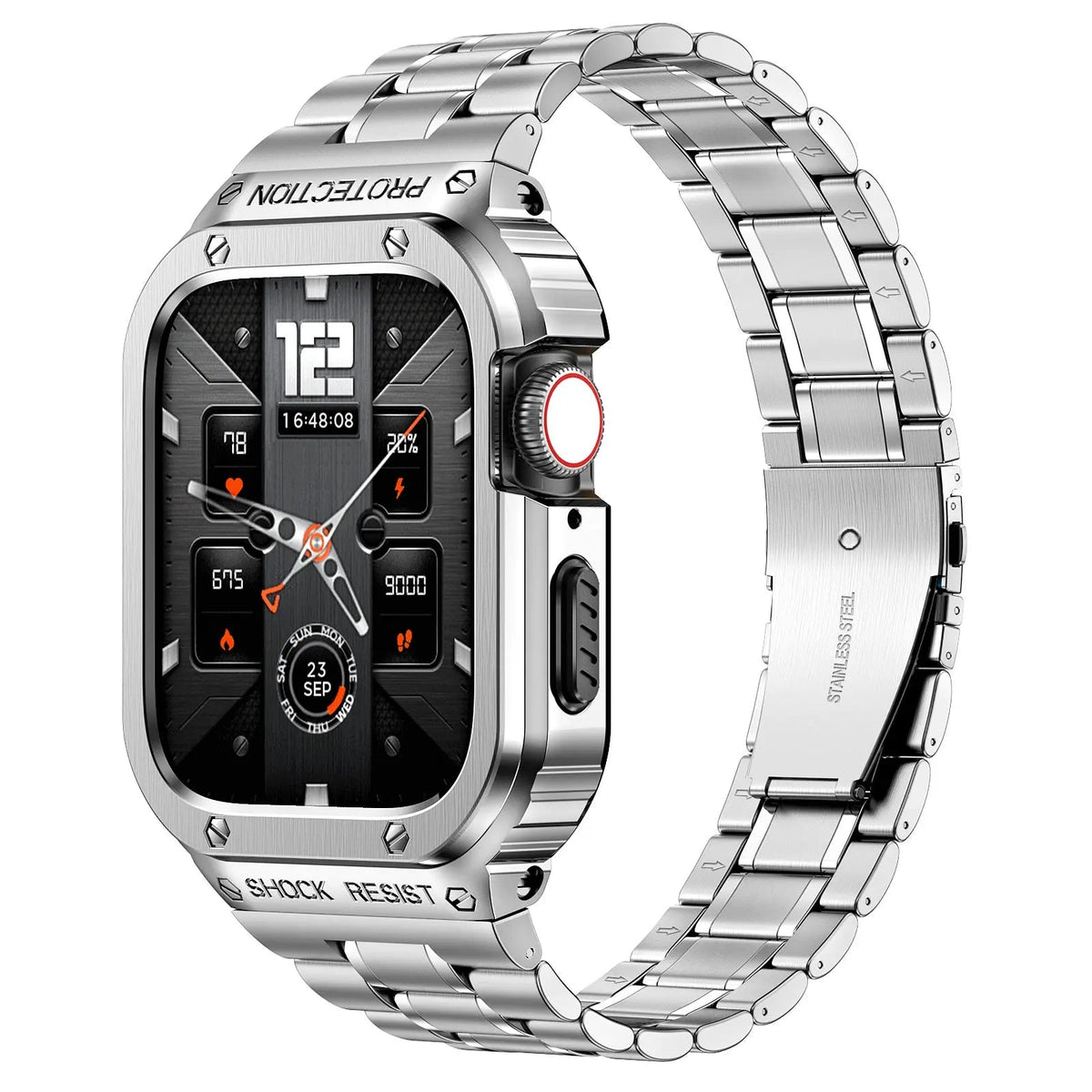 Metal Band and Bumper Case Bundle for Apple Watch 44mm 45mm Series – Shock-Absorbing Frame with Coordinated Strap in Black Silver Gold