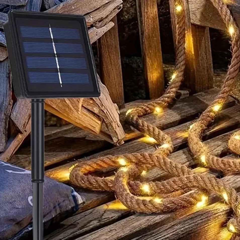 Solar-Powered LED Rope Light with Hemp Design 16.4 ft Waterproof Outdoor String Lights for Patio Garden Deck Yard Party Decor Dusk-to-Dawn S