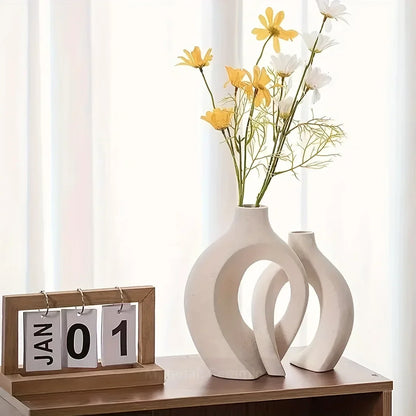 Porcelain Vase Duo White Organic Shape Entryway Mantel Shelf Accent Dried Flower Display Modern Apartment Bedroom Styling