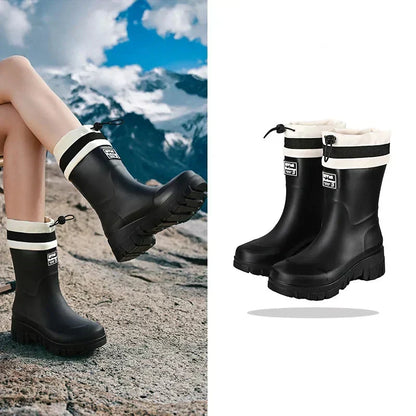 Women's Waterproof Rain Boots with Non-Slip Sole – Vintage-Inspired Rubber Boots for Fall & Winter, Mid-Calf & Tall Styles