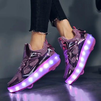 Kids Light-Up Skate Sneakers with Wheels Pink LED Roller Shoes Velcro Strap Boys Girls Youth Rechargeable Glowing Athletic Footwear