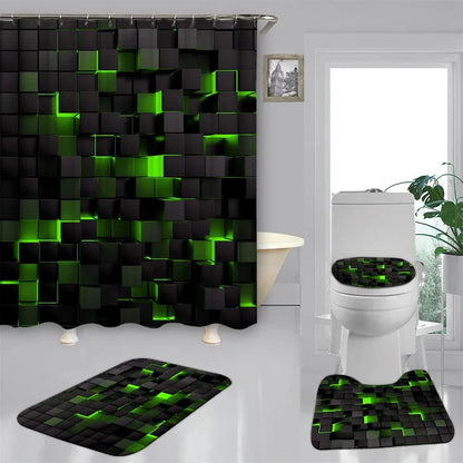 4-Piece Bathroom Mat and Shower Curtain Set in Waterproof Blue and Black