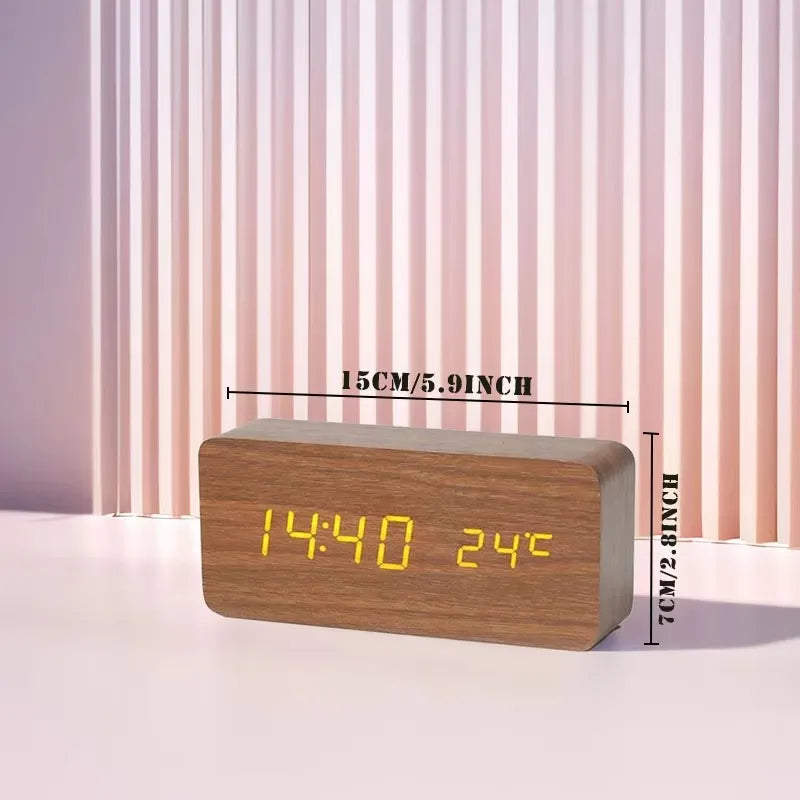 Digital LED Desk Clock with Triple Alarms Temperature Display Brightness Control Wood Grain Finish USB Powered for Bedroom Office Nightstand