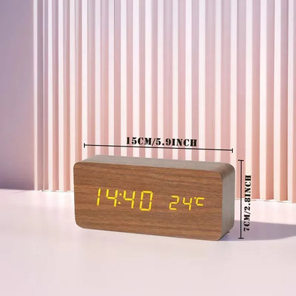 Digital LED Desk Clock with Triple Alarms Temperature Display Brightness Control Wood Grain Finish USB Powered for Bedroom Office Nightstand